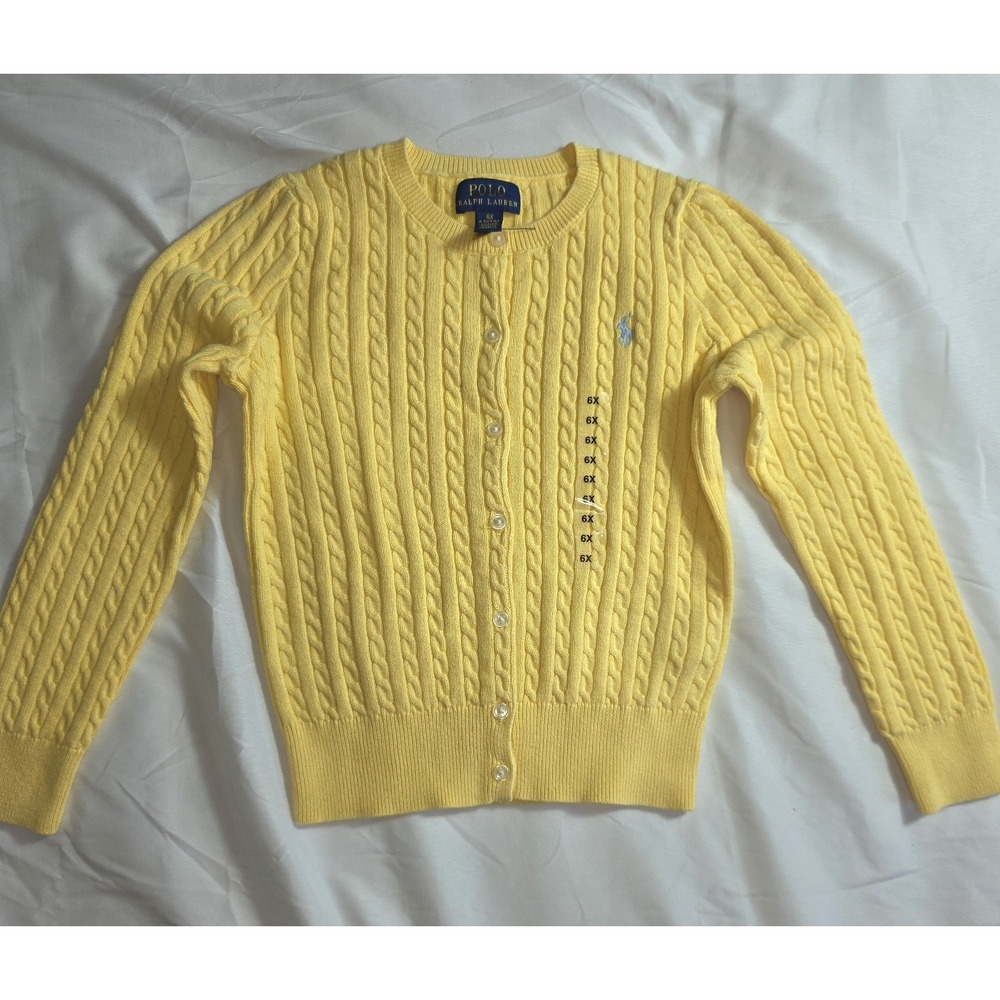 Polo Ralph Lauren Cable Knit Yellow Cardigan Sweater Cotton Girls Size 6X NWOT